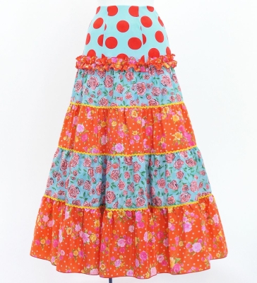 Flamenco Tiered Skirt and Double Frilled Shawl Set / Dots & Roses / Light Blue & Red / FPS-11