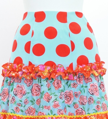 Flamenco Tiered Skirt and Double Frilled Shawl Set / Dots & Roses / Light Blue & Red / FPS-11