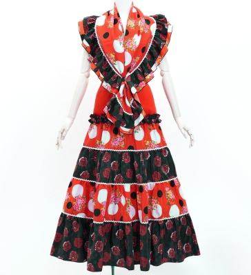 Flamenco Tiered Skirt and Double Frilled Shawl Set / Roses & Dots / Red & Black / FPS-13