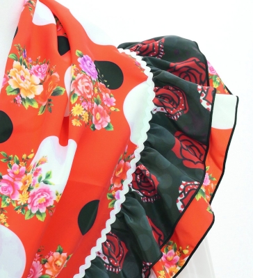 Flamenco Tiered Skirt and Double Frilled Shawl Set / Roses & Dots / Red & Black / FPS-13