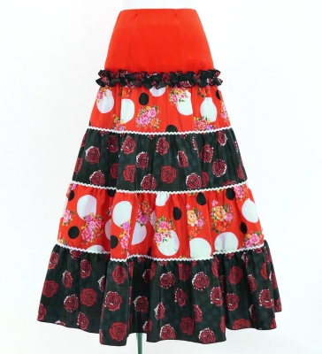 Flamenco Tiered Skirt and Double Frilled Shawl Set / Roses & Dots / Red & Black / FPS-13