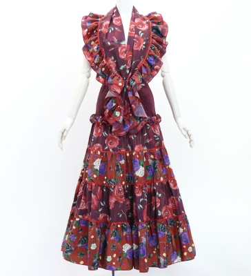 Flamenco Tiered Skirt and Double Frilled Shawl Set / Roses / Wine / FPS-15