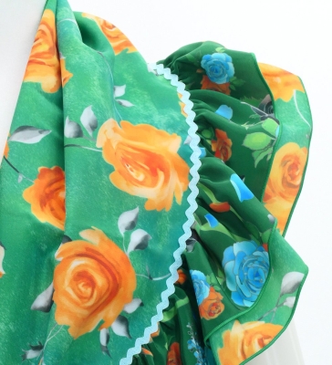 Flamenco Tiered Skirt and Double Frilled Shawl Set / Roses / Turquoise & Green / FPS-16