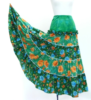Flamenco Tiered Skirt and Double Frilled Shawl Set / Roses / Turquoise & Green / FPS-16