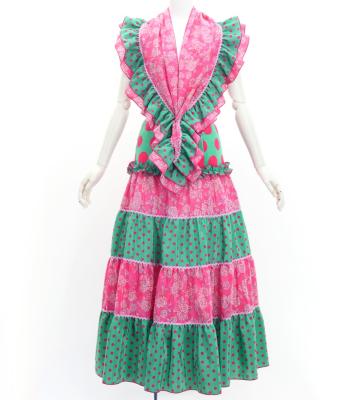 Flamenco Tiered Skirt and Double Frilled Shawl Set / Dots & Roses / Turquoise & Pink / FPS-4