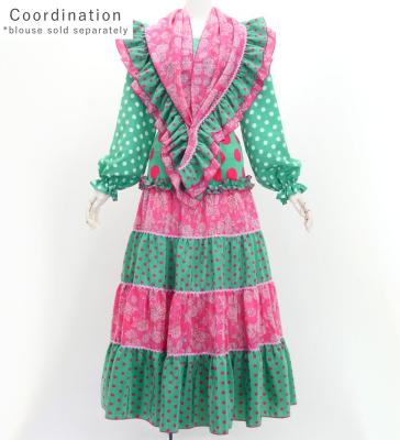 Flamenco Tiered Skirt and Double Frilled Shawl Set / Dots & Roses / Turquoise & Pink / FPS-4