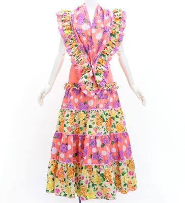 Flamenco Tiered Skirt and Double Frilled Shawl Set / Roses / Pink & Beige / FPS-8