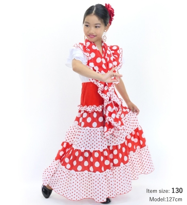 Kids Flamenco Tiered Skirt and Double Frilled Shawl Set / Dots / Red & White / JFPSp-1