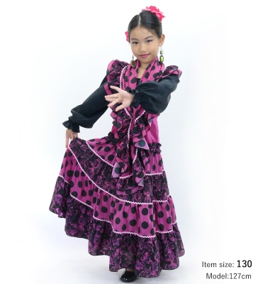Kids Flamenco Tiered Skirt and Double Frilled Shawl Set / Dots & Roses / Wine & Black / JFPSp-2