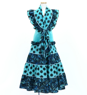 Kids Flamenco Tiered Skirt and Double Frilled Shawl Set / Dots & Roses / Light Blue & Black / JFPSp-3