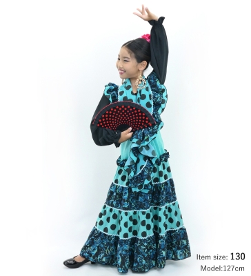 Kids Flamenco Tiered Skirt and Double Frilled Shawl Set / Dots & Roses / Light Blue & Black / JFPSp-3