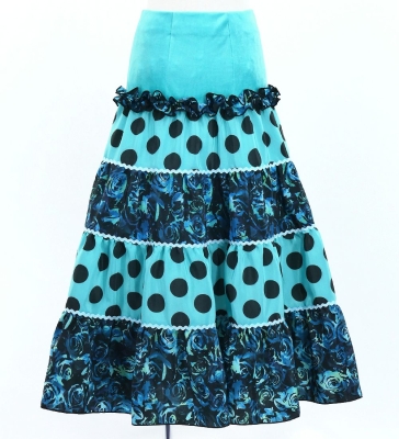 Kids Flamenco Tiered Skirt and Double Frilled Shawl Set / Dots & Roses / Light Blue & Black / JFPSp-3