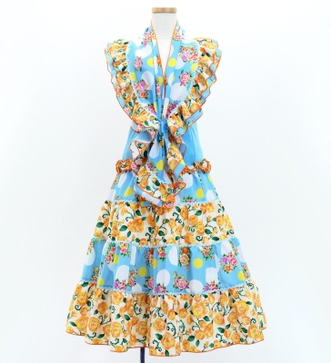 Kids Flamenco Tiered Skirt and Double Frilled Shawl Set / Bouquet & Dots / Light Blue & Orange / JFPSp-5