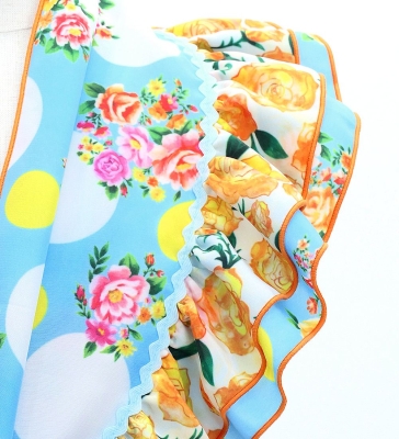 Kids Flamenco Tiered Skirt and Double Frilled Shawl Set / Bouquet & Dots / Light Blue & Orange / JFPSp-5