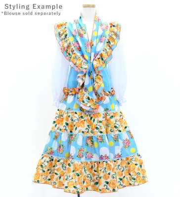 Kids Flamenco Tiered Skirt and Double Frilled Shawl Set / Bouquet & Dots / Light Blue & Orange / JFPSp-5