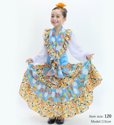 Kids Flamenco Tiered Skirt and Double Frilled Shawl Set / Bouquet & Dots / Light Blue & Orange / JFPSp-5