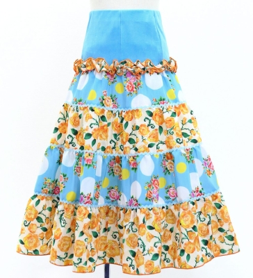 Kids Flamenco Tiered Skirt and Double Frilled Shawl Set / Bouquet & Dots / Light Blue & Orange / JFPSp-5