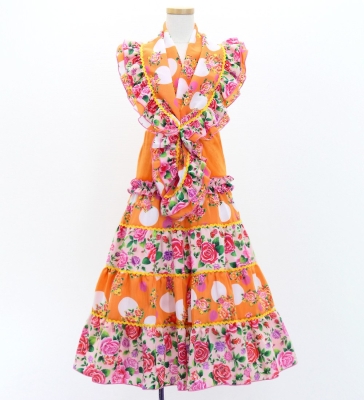 Kids Flamenco Tiered Skirt and Double Frilled Shawl Set / Bouquet & Dots / Light Orange & Pink / JFPSp-6