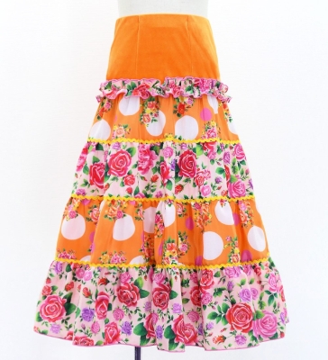 Kids Flamenco Tiered Skirt and Double Frilled Shawl Set / Bouquet & Dots / Light Orange & Pink / JFPSp-6