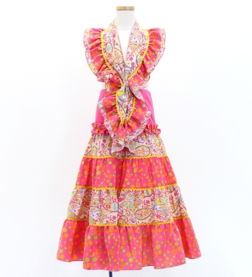 Kids Flamenco Tiered Skirt and Double Frilled Shawl Set / Paisley & Dots / Pink & Yellow / JFPSp-8