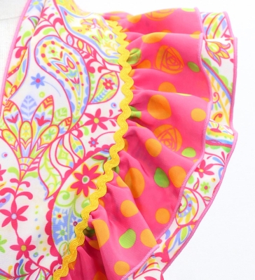 Kids Flamenco Tiered Skirt and Double Frilled Shawl Set / Paisley & Dots / Pink & Yellow / JFPSp-8