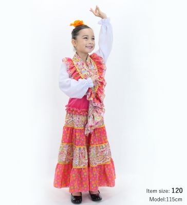 Kids Flamenco Tiered Skirt and Double Frilled Shawl Set / Paisley & Dots / Pink & Yellow / JFPSp-8