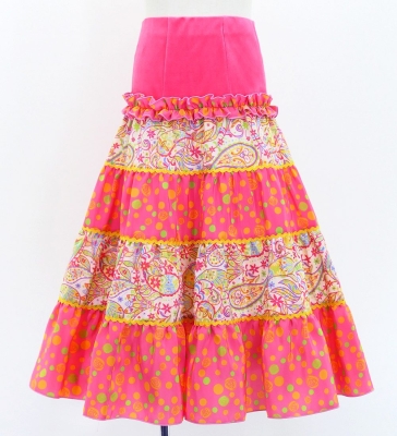 Kids Flamenco Tiered Skirt and Double Frilled Shawl Set / Paisley & Dots / Pink & Yellow / JFPSp-8