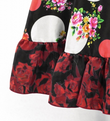 Circular Flamenco Skirt with Frills / Bouquets & Dots / Black & Red / JFS-12
