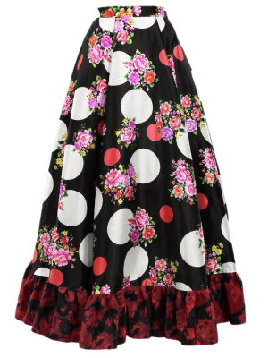 Circular Flamenco Skirt with Frills / Bouquets & Dots / Black & Red / JFS-12