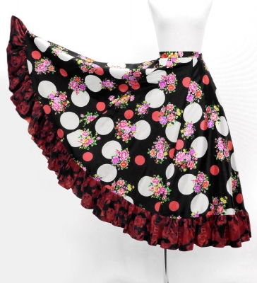 Circular Flamenco Skirt with Frills / Bouquets & Dots / Black & Red / JFS-12