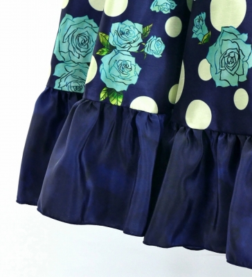 Circular Flamenco Skirt with Frills / Roses & Dots / Blue & Navy / JFS-19