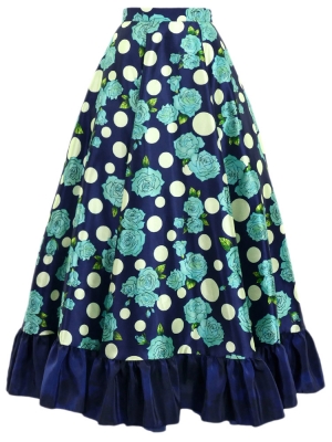 Circular Flamenco Skirt with Frills / Roses & Dots / Blue & Navy / JFS-19