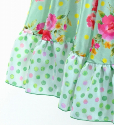 Circular Flamenco Skirt with Frills / Roses & Carnations / Light Green / JFS-22