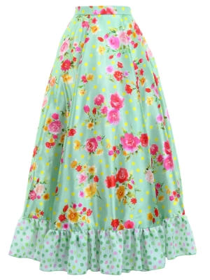 Circular Flamenco Skirt with Frills / Roses & Carnations / Light Green / JFS-22