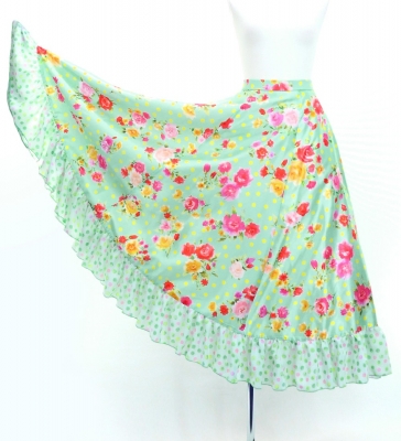 Circular Flamenco Skirt with Frills / Roses & Carnations / Light Green / JFS-22