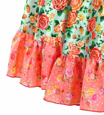 Circular Flamenco Skirt with Frills / Roses / Mint Green & Pink / JFS-23