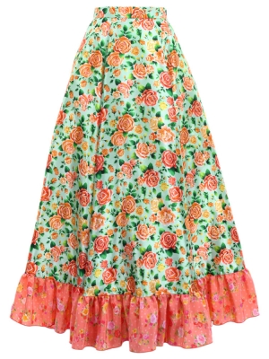 Circular Flamenco Skirt with Frills / Roses / Mint Green & Pink / JFS-23