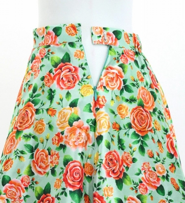 Circular Flamenco Skirt with Frills / Roses / Mint Green & Pink / JFS-23