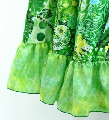 Circular Flamenco Skirt with Frills / Patchwork Style / Green / JFS-24