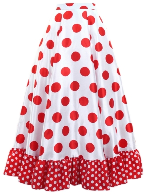 Circular Flamenco Skirt with Frills / Polka Dots / White & Red / JFS-3