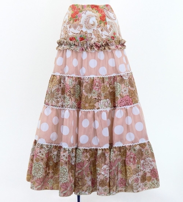 Flamenco Tiered Skirt / Floral & Dots / Pink Beige / FS-63