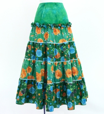 Flamenco Tiered Skirt / Roses / Turquoise Blue & Green / FS-69