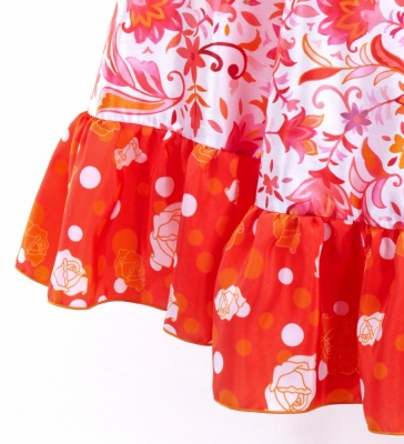 Circular Flamenco Skirt with Frills / Butterfly Paisley / White & Red / JFS-8