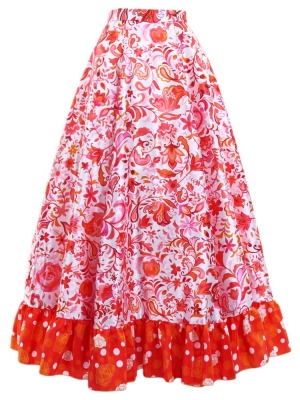 Circular Flamenco Skirt with Frills / Butterfly Paisley / White & Red / JFS-8