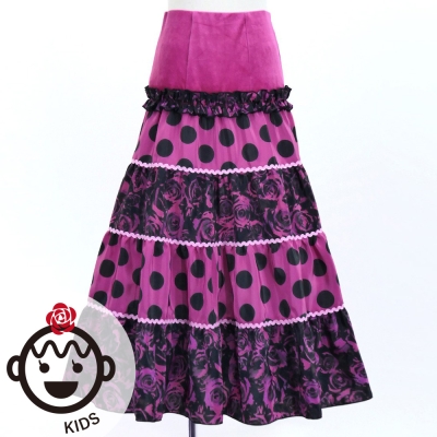 Kids Flamenco Tiered Skirt / Dots & Roses / Wine & Black / JFSp-10
