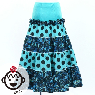 Kids Flamenco Tiered Skirt / Dots & Roses / Light Blue & Black / JFSp-11