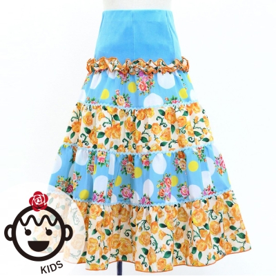 Kids Flamenco Tiered Skirt / Bouquet & Dots / Light Blue & Orange / JFSp-13