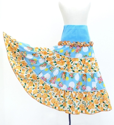 Kids Flamenco Tiered Skirt / Bouquet & Dots / Light Blue & Orange / JFSp-13