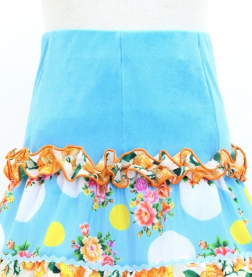 Kids Flamenco Tiered Skirt / Bouquet & Dots / Light Blue & Orange / JFSp-13