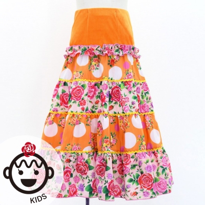 Kids Flamenco Tiered Skirt / Bouquet & Dots / Light Orange & Pink / JFSp-14